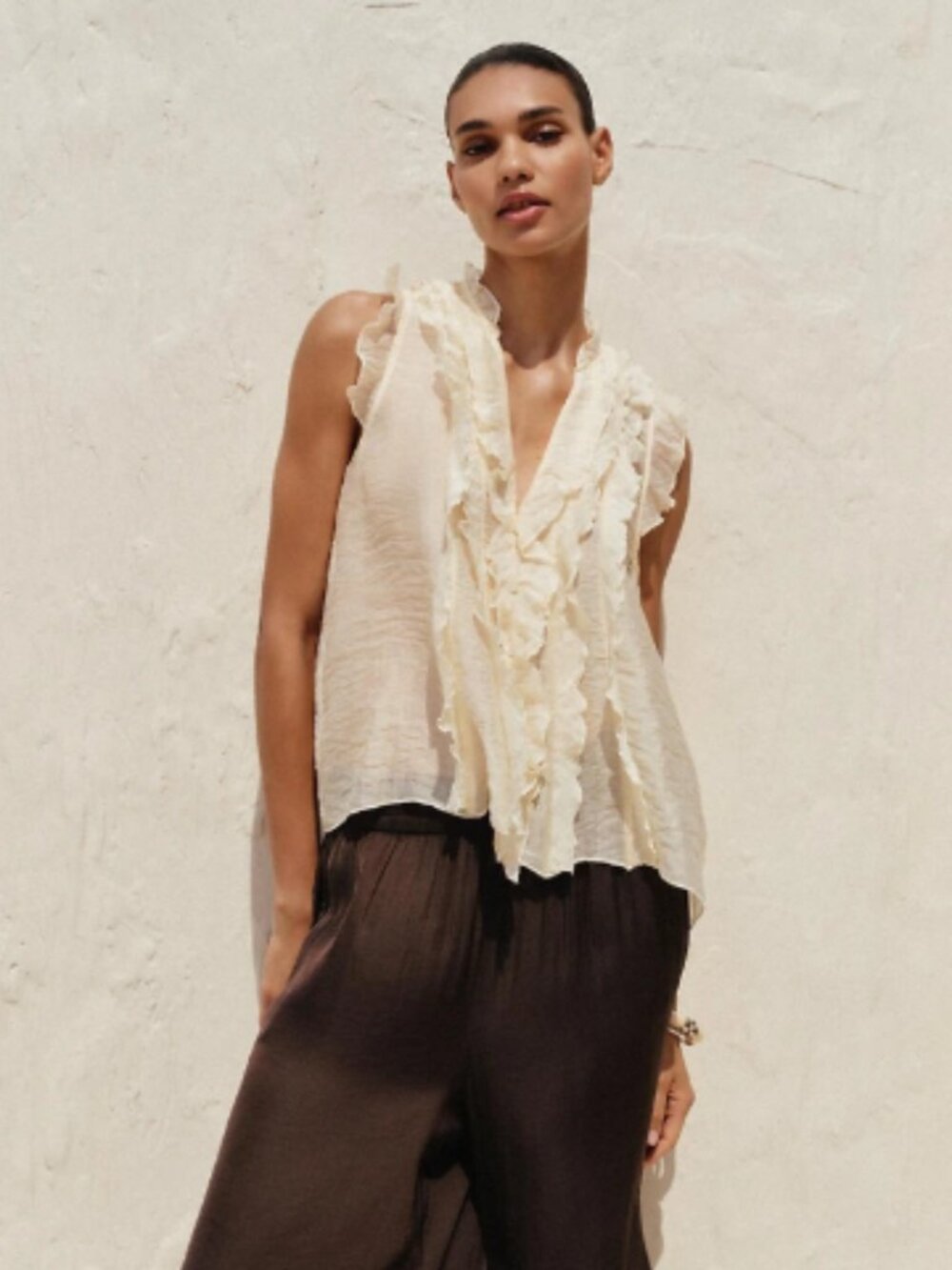 NWT Zara Semi-Sheer Cascading Ruffle Sleeveless Blouse Soft Yellow Size L